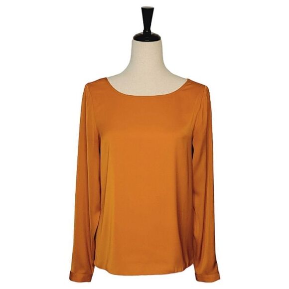 The Limited Tops - The Limited Burnt Orange Boatneck Split Back Long Sleeve Silky Blouse Size S